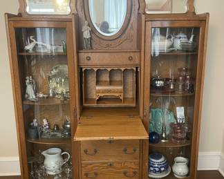 Vintage Oak Side-by-Side Secretary Bookcase with Curio Cabinets