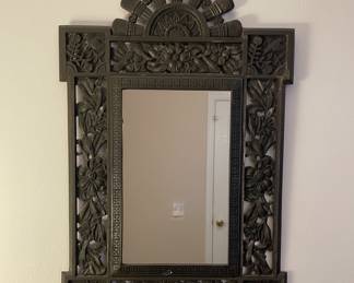 Vintage Hand-Carved Wood Mirror with Sunburst Crest and Owl Motif