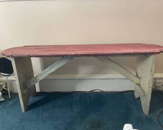 Vintage Red and Blue Painted Farmhouse Bench