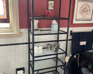 Vintage Black Lacquer Faux Bamboo Etagere with Glass Shelves