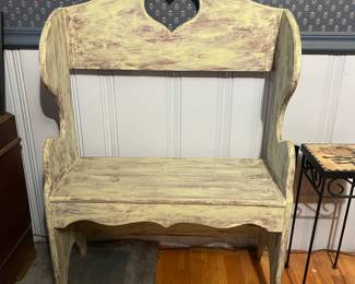 Vintage Heart-Cutout Folk Art Settle Bench