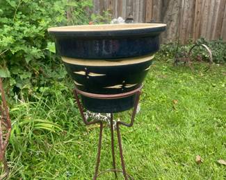 Vintage Glazed Ceramic Planter with Wrought Iron Stand