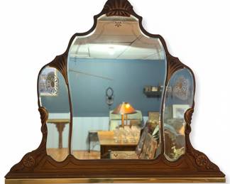 Vintage Carved Wood Scalloped Wall Mirror with Etched Floral Motifs