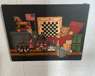Folk Art Americana Still Life Painting with Toys and Uncle Sam