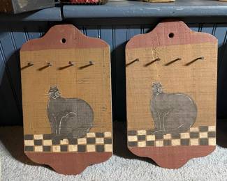 Vintage Folk Art Hand-Painted Cat Wall Hooks