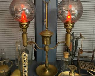 Vintage Brass Double-Arm Student Lamp with Ribbed Glass Shades