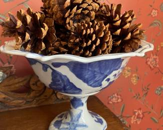 Vintage Blue and White Scalloped Pedestal Bowl