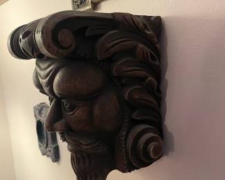 Vintage Hand Carved Wood "Green Man" Wall Corbel