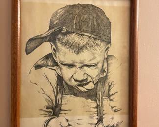 Flores Stippled Art Print of Boy in Baseball Cap