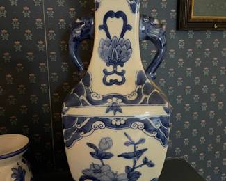 Vintage Blue and White Porcelain Vase with Foo Dog Handles