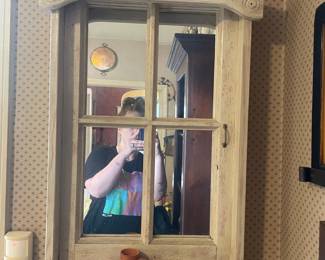 Vintage Window Frame Wall Mirror with Shelf