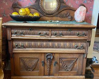 Victorian Oak Sideboard with Mirror and Griffin Carvings