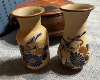Vintage Mexican Tonala Pottery Vase with Bird and Floral Motifs