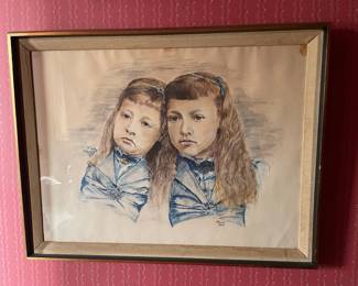 Vintage Pastel Portrait of Two Girls by Kallen, 1969