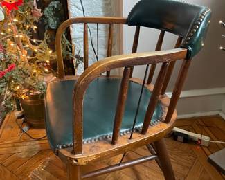 Vintage Spindle Back Captain's Chair with Green Vinyl Upholstery