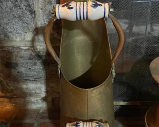 Vintage Copper and Brass Coal Scuttle with Delft-Style Ceramic Handles and Lion Head Accents