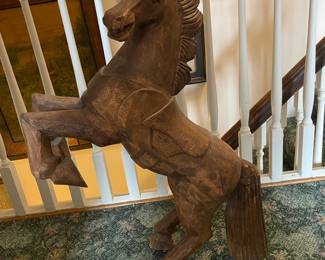 Vintage Hand-Carved Wooden Rearing Horse Sculpture