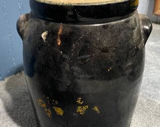 Vintage Black Glazed Stoneware Crock with Lug Handles