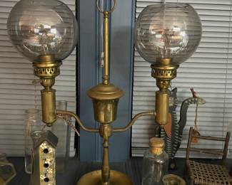 Vintage Brass Double-Arm Student Lamp with Ribbed Glass Shades