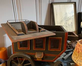 Vintage Wooden Stagecoach Toy with Red Trim