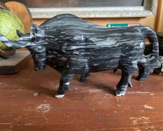 Vintage Hand Carved Black and White Stone Bull Figurine