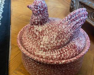 Vintage Gerald Henn Workshops Pottery Red Spongeware Hen on Nest Covered Dish