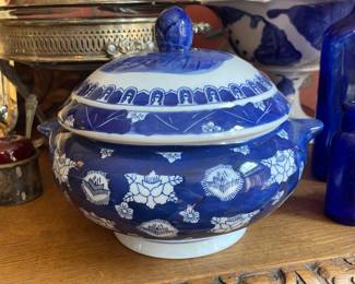 Vintage Blue and White Porcelain Covered Bowl
