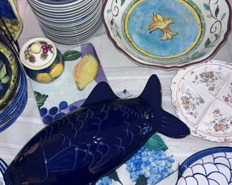 A complete set of Blue, fish dishes, and serving platters