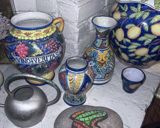 Lots of colorful pottery, including Talavera