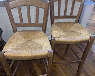 Two wood and woven wicker barstools vintage very sturdy