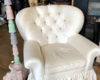 Oversize white chair in Silk Fabric, one arm is fraying