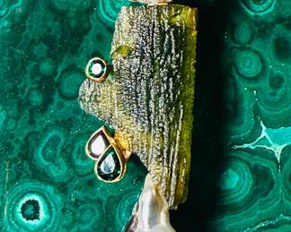 An interesting large French Moldavite, druzy quartz, tourmaline, cultured pearl and 18K gold brooch.