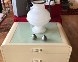 One of a pair of lacquer nightstands with Murano Venetian Cendese vase