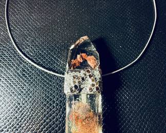 A Fine French Jean Vendome 18k Dendritic quartz crystal fancy colored diamond pendant necklace, offered with an 18k collar necklace.