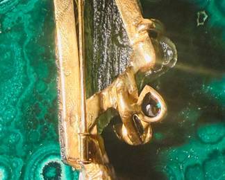 Back of An interesting large French Moldavite, druzy quartz, tourmaline, cultured pearl and 18K gold brooch.