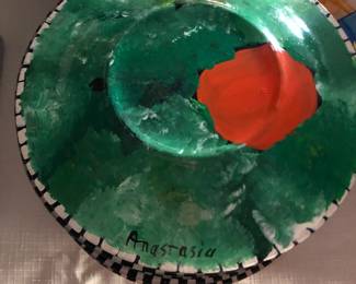 Ceramic studio dishware; Glass dish & stemware set signed Anastasia