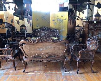 Suite of antique Chinese mother of Pearl inlaid furniture from another Estate