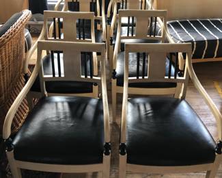 Set of eight leather seat chairs, three of which need recovering & another 1 perhaps