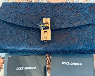 Dolce & Gabbana Navy Blue Lace and Satin Padlock Chain Clutch.