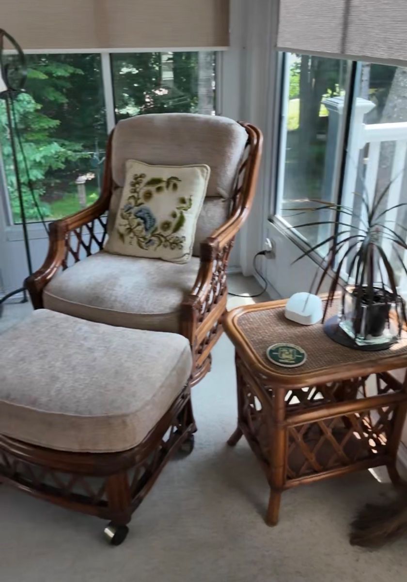 Vintage Wicker Rattan Chair and Ottoman