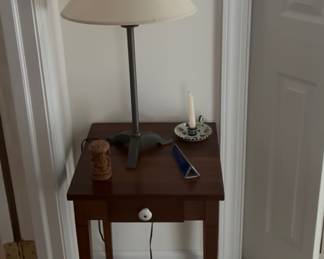 Metal lamp with a tripod base and cotton lampshade & Antique Mahogany Nightstand