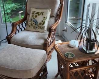 Vintage Wicker Rattan Chair and Ottoman