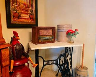 Singer Stand with Marble Top, Antique Radio and Crocks