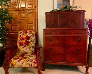 Vintage Carved Wood, Upholstered Reclining Chair, Beautiful Antique Highboy Chest Dresser