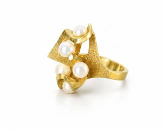 78 Vintage14KGoldPearlDiamondModernistRing