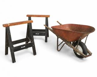 39 VintageMetalWheelbarrowFoldingSawhorses