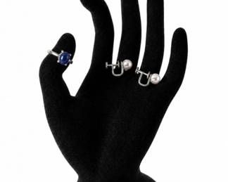 112 14KWhiteGoldBlueCabochonRingPearlEarrings