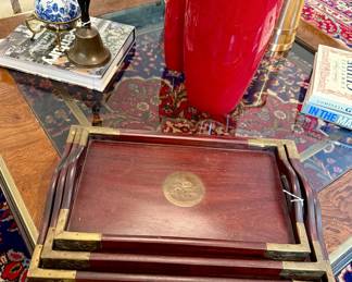 Vintage Chinese wood and brass nesting trays