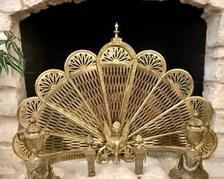 Peacock screen and andirons