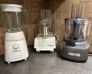 Cuisinart SmartPower blender, a white Cuisinart Custom 14-Cup Food Processor, and Cuisinart 8 Cup Food Processor Gunmetal